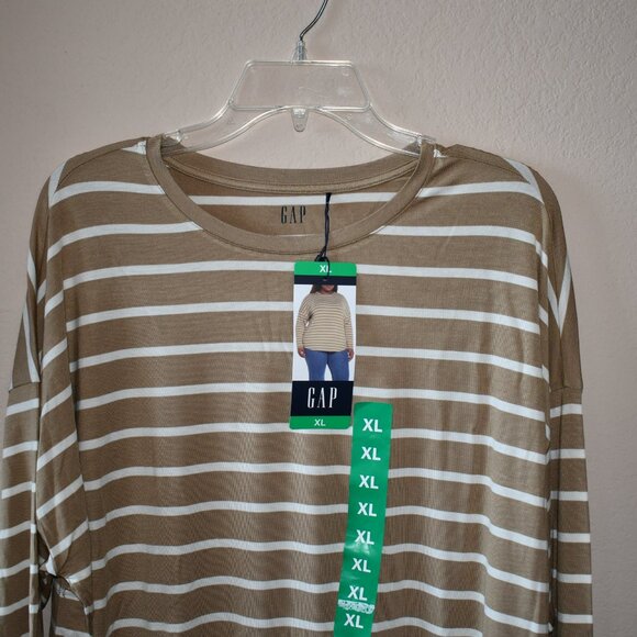 GAP Tan Striped Drop Shoulder LS Classic Crew Neck Curved Hem Soft Feel Top XL - Picture 3 of 4